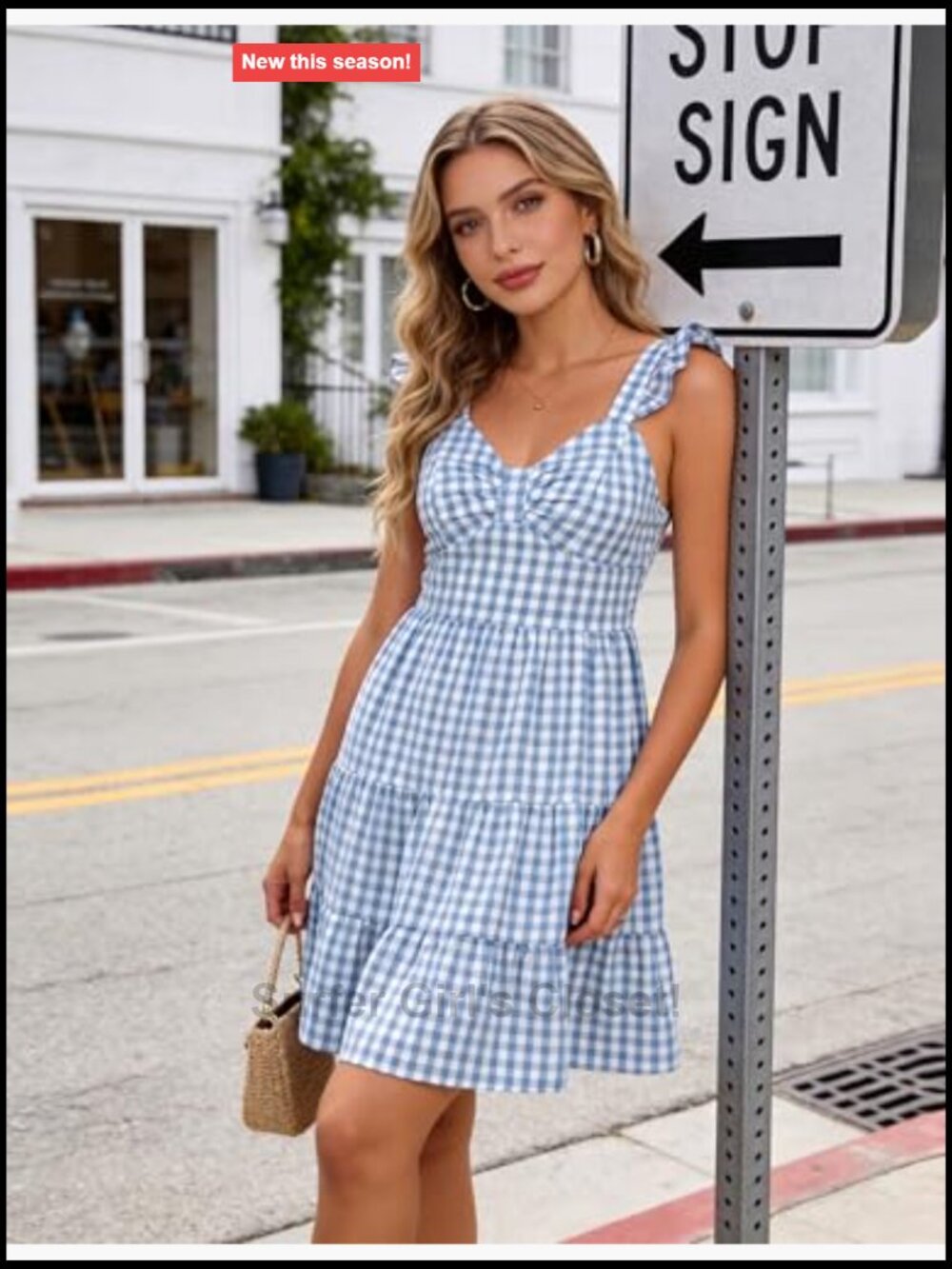 Cotton Gingham Dress V Neck Ruffle Hem Smocked Midi Dress Vacation Wear - Picture 6 of 7